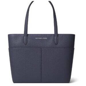 Michael Kors Logo Navy Blue Leather Tote Bag Purse | Dual Handles Front Pockets
